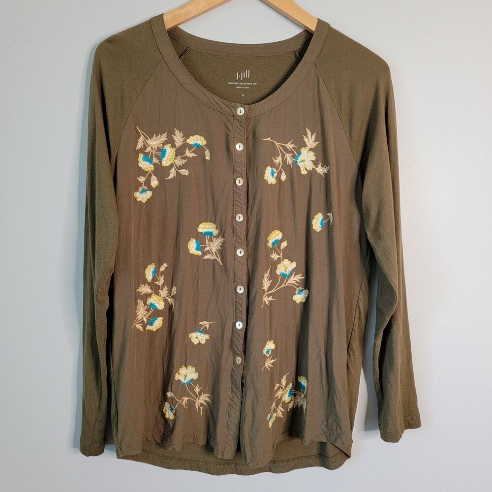 J Jill Embroidered Olive Green Floral Button Top Granny Business Casual Boho M